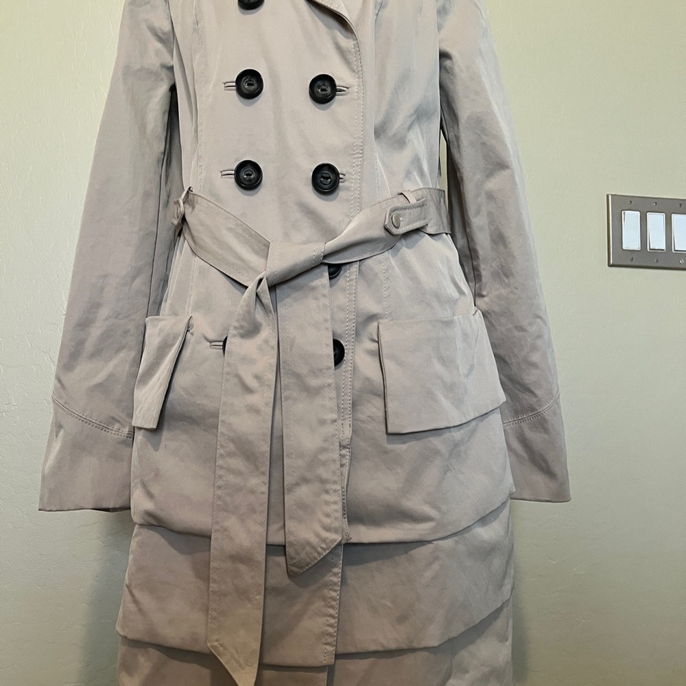 Anthropologie Tiered Ruffle Double Breasted Trench Coat Elegant Beige Trench Coa